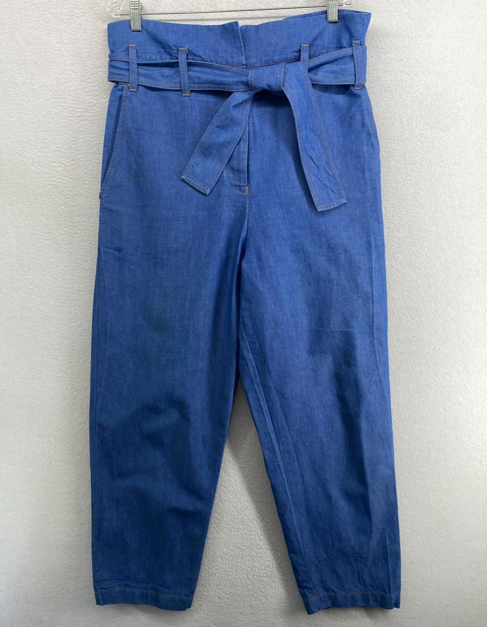 CARON CALLAHAN Pants L Cotton Linen Jeans Paperbag Tapered Ankle Tie Belt USA